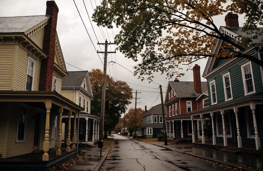 Victorian and early-1900s frame houses with deep porches and tall brick chimneys in Catonsville