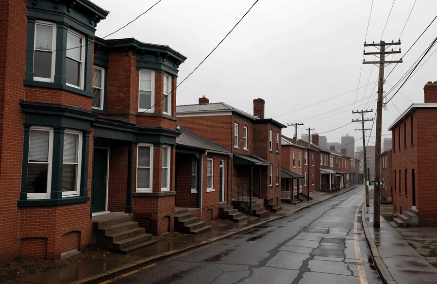 Early-1900s bay-front rowhomes beside plainer mid-century brick along the York Road corridor in Govans