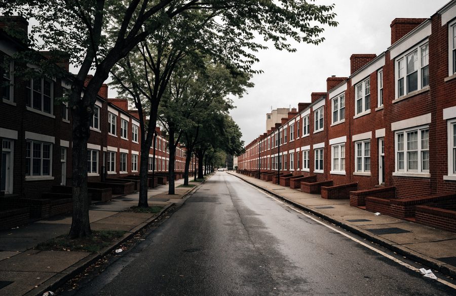 A tidy grid of 1940s and 50s brick rowhomes in Northwood, flat roofs and brick chimney stacks down the block
