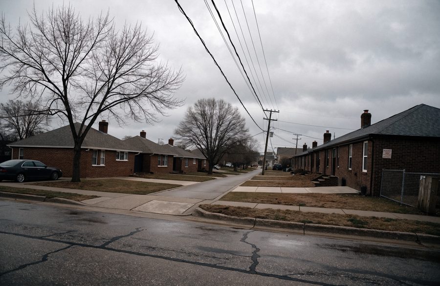 Uniform post-war brick ranchers with side chimneys on a Parkville street