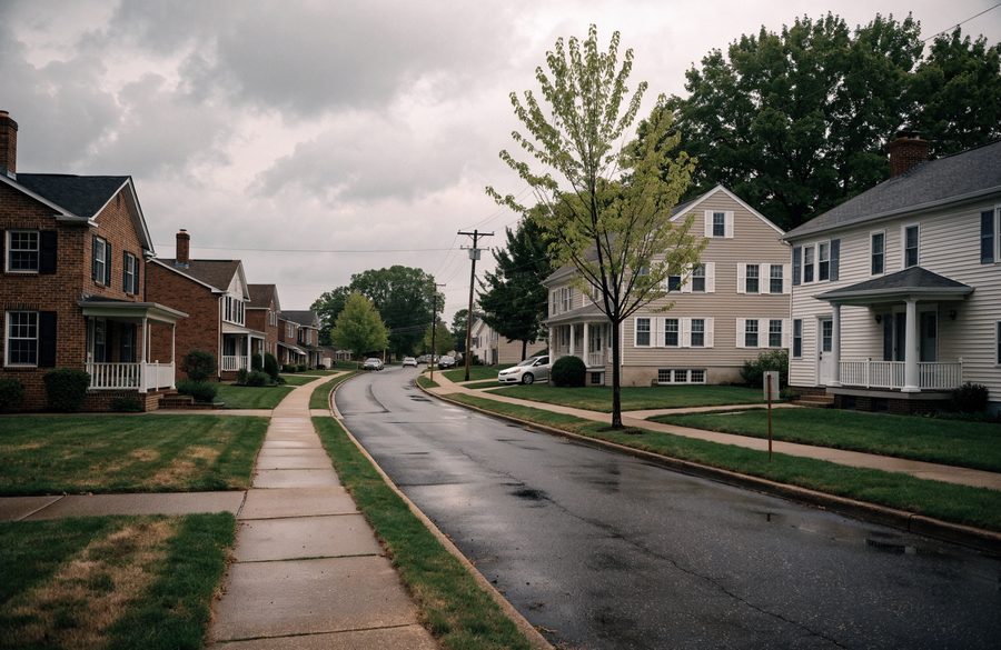 Mid-century brick homes beside newer builds on a northeast county street in Perry Hall