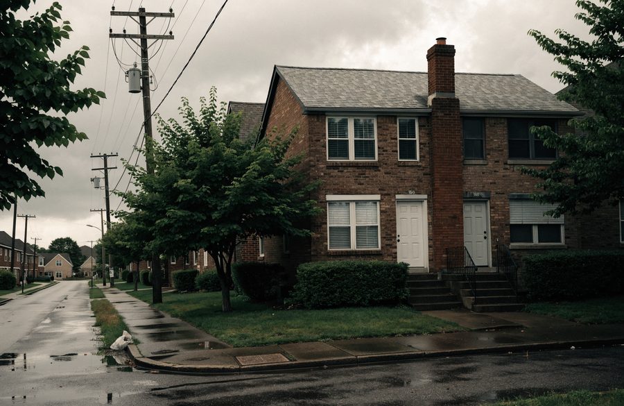 Semi-detached brick homes sharing a party-wall chimney in older west-county Woodlawn