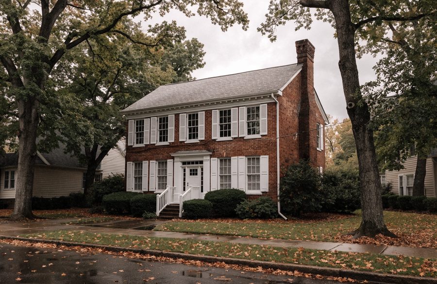 Brick colonial with a gable-end chimney on a tree-lined Towson street