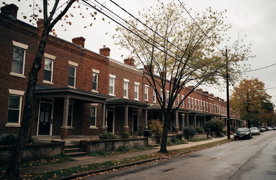 Porch-front brick daylight rowhomes on a Baltimore City street in autumn, chimney stacks along the flat roofline
