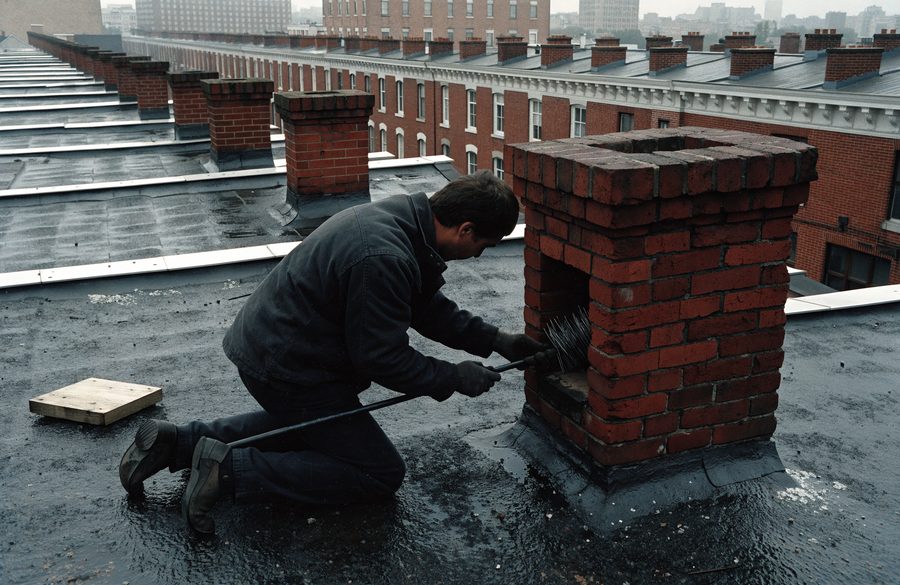 A tech brushing a brick party-wall flue on a flat Baltimore rowhome roof, chimney stacks running down the block behind him