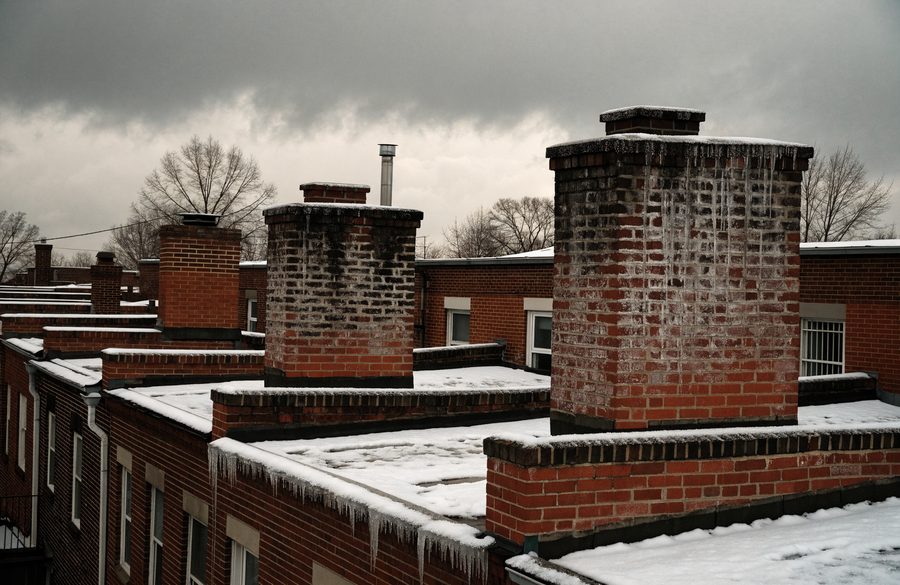 Snow and icicles on a Baltimore rowhome roofline, water staining and spalling mortar on the brick chimney stacks