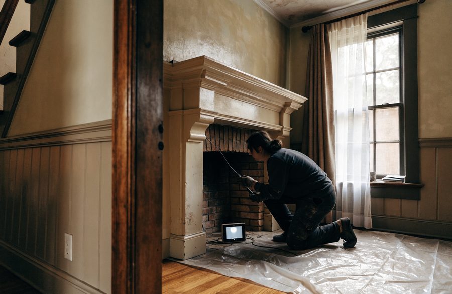 A technician running a camera scope up the flue at a brick firebox inside an older Baltimore home