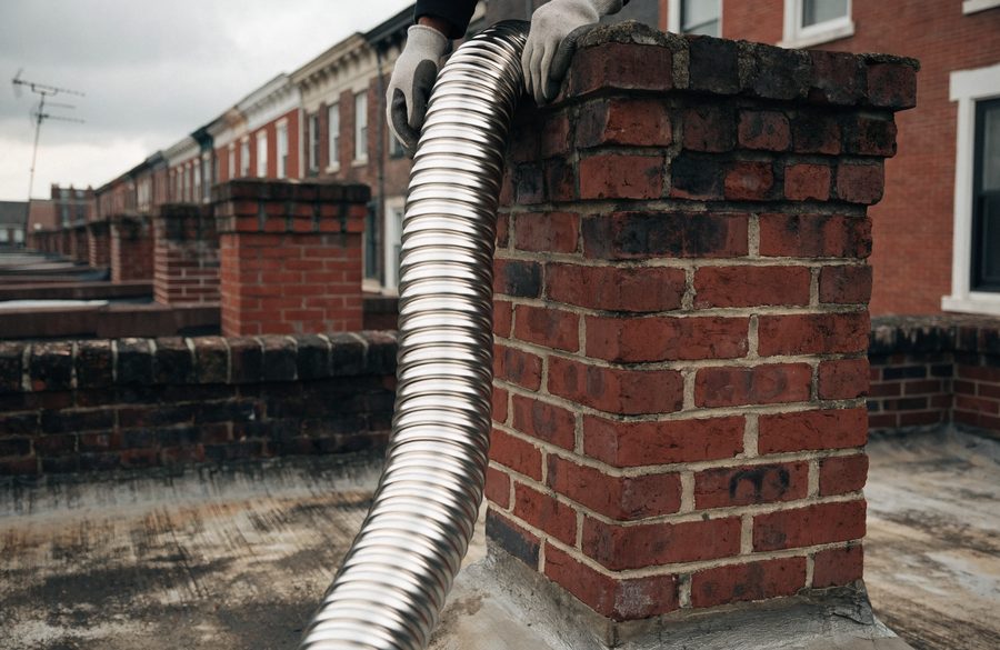 A stainless steel liner being fed down a brick flue on a flat Baltimore rowhome roof