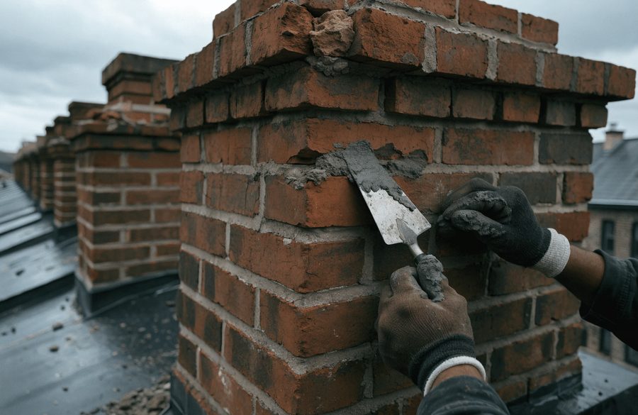 A mason repointing the corbelled crown of a brick chimney on a Baltimore rowhome roof